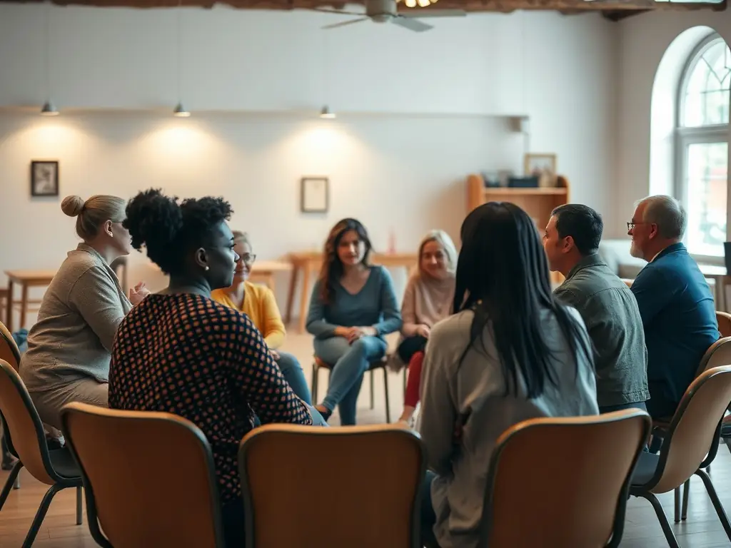 A diverse group of community members engaged in a dialogue session, discussing ways to build a more inclusive and respectful community. The setting is a community center with a welcoming atmosphere.